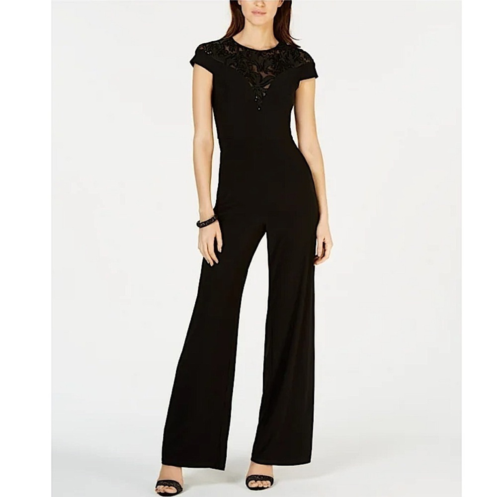 Adrianna Papell Women Black Sequined Jewel Neck Evening Straight leg Jumpsuit 10 - Picture 1 of 11